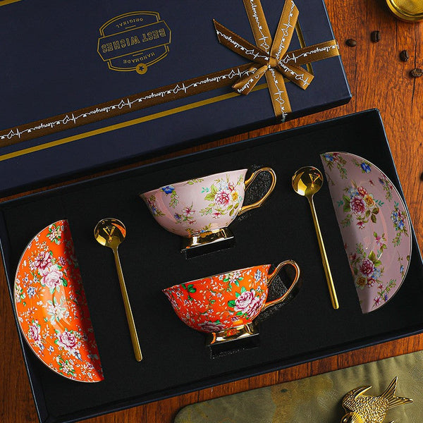 Porcelain Tea Cup Saucer Set of 2 Cups, Floral Ceramic Coffee Cup with Saucer, Beautiful British Tea Cup and Saucer, Flower Tea Cup and Saucer Set in Gift Box-artworkcanvas
