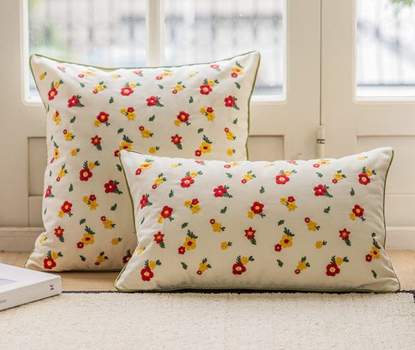 Embroider Flower Cotton Pillow Covers, Spring Flower Decorative Pillows for Dining Room, Decorative Pillows for Sofa, Farmhouse Decorative Pillows for Couch-artworkcanvas