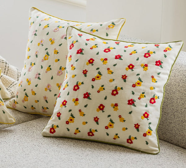 Embroider Flower Cotton Pillow Covers, Spring Flower Decorative Pillows for Dining Room, Decorative Pillows for Sofa, Farmhouse Decorative Pillows for Couch-artworkcanvas