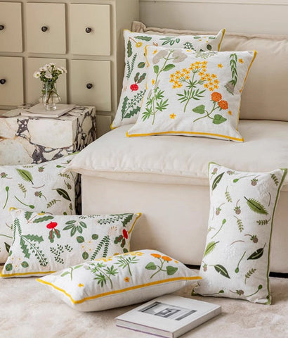 Farmhouse Sofa Decorative Pillows, Embroider Flower Cotton Pillow Covers, Spring Flower Decorative Throw Pillows, Decorative Pillows for Couch-artworkcanvas