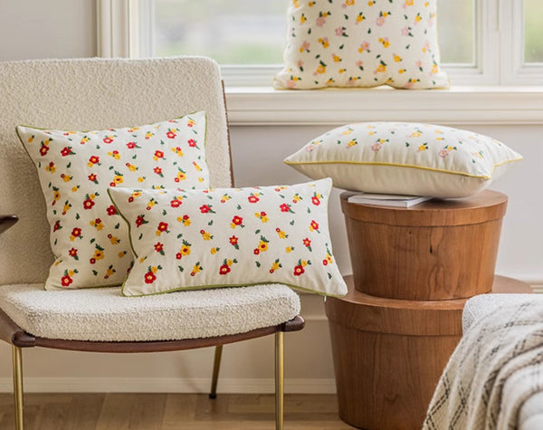 Embroider Flower Cotton Pillow Covers, Spring Flower Decorative Pillows for Dining Room, Decorative Pillows for Sofa, Farmhouse Decorative Pillows for Couch-artworkcanvas