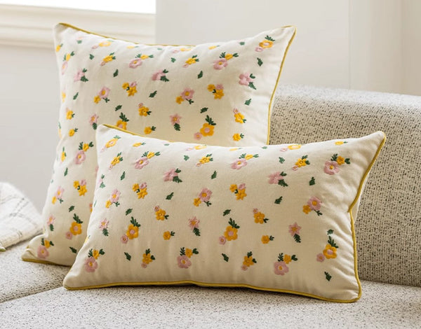 Embroider Flower Cotton Pillow Covers, Spring Flower Decorative Pillows for Dining Room, Decorative Pillows for Sofa, Farmhouse Decorative Pillows for Couch-artworkcanvas