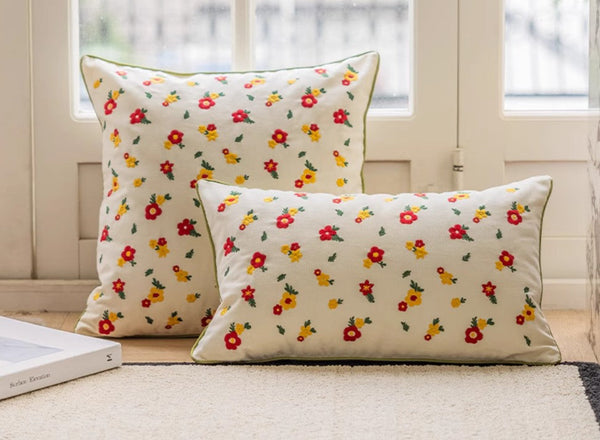 Embroider Flower Cotton Pillow Covers, Spring Flower Decorative Pillows for Dining Room, Decorative Pillows for Sofa, Farmhouse Decorative Pillows for Couch-artworkcanvas