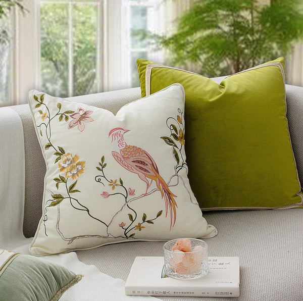 Decorative Pillows for Bed, Living Room Decorative Pillows, Modern Decorative Cushions, Decorative Pillow Arrangement Ideas for Interior Design, Embroidered Floral Bird Pattern Pillow Covers-artworkcanvas