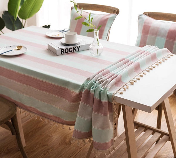 Rectangular Tablecloth for Oval Table, Rectangular Table Covers for Coffee Table, Pink Stripe Cotton and Linen Tablecloths, Modern Table Cloths for Dining Room-artworkcanvas