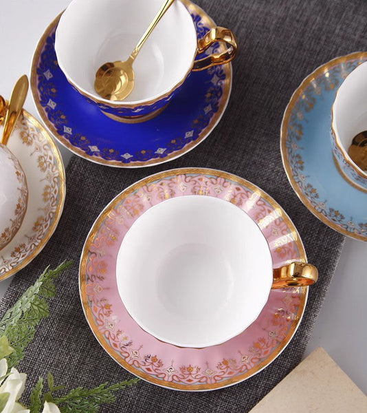 Pink Blue White Bone China Porcelain Tea Cup Set, Unique British Tea Cup and Saucer in Gift Box, Elegant British Ceramic Coffee Cups for Afternoon Tea-artworkcanvas