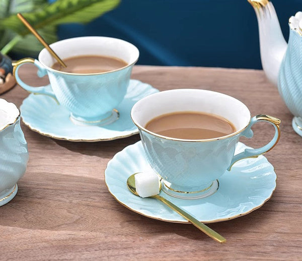 Elegant British Tea Cup and Saucer in Gift Box, Blue Bone China Porcelain Tea Cup Set, Unique British Ceramic Coffee Cups for Afternoon Tea-artworkcanvas