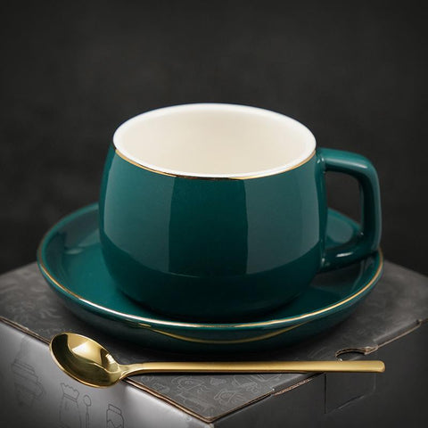 Ceramic Cup, Round Coffee Cup and Saucer Set, Green Coffee Cup, Back Coffee Mug, White Coffee Cups, Tea Cup-artworkcanvas