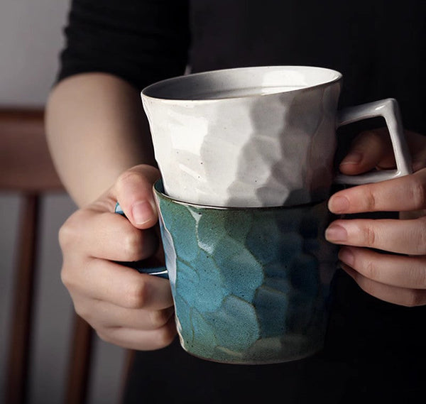 Modern Handmade Pottery Coffee Cup, Creative Brown White Black Blue Ceramic Coffee Mugs, Large Unique Tea Cup, Large Capacity Coffee Cups-artworkcanvas
