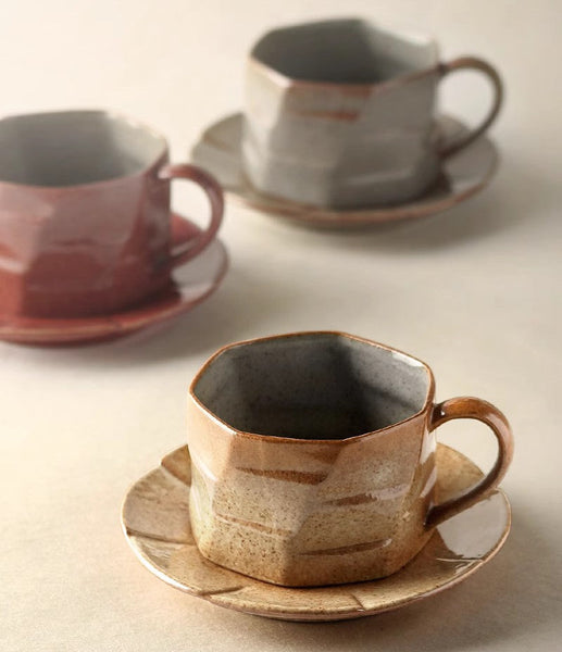 Modern Handmade Pottery Coffee Cup, Creative Ceramic Coffee Cup with Saucer, Unique Tea Cup and Saucer, Tea Cup Set for Afternoon Tea-artworkcanvas