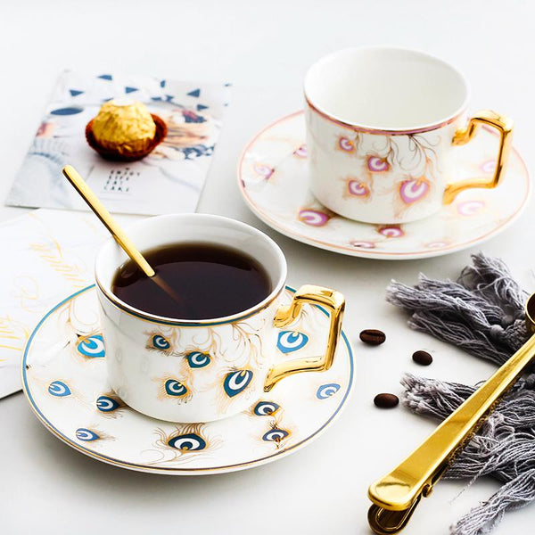 Peacock Tail Pattern Porcelain Coffee Cups, British Tea Cups, Coffee Cups with Gold Trim and Gift Box, Tea Cup and Saucer-artworkcanvas