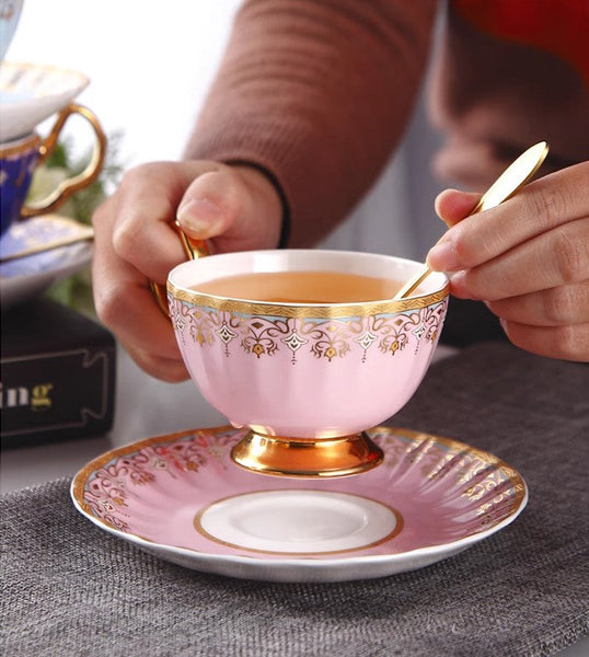Pink Blue White Bone China Porcelain Tea Cup Set, Unique British Tea Cup and Saucer in Gift Box, Elegant British Ceramic Coffee Cups for Afternoon Tea-artworkcanvas