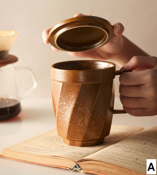 Unique Tea Cup, Large Capacity Coffee Mug with Cover, Large Modern Handmade Pottery Coffee Cup, Creative Brown Green Blue Black Ceramic Coffee Mugs-artworkcanvas