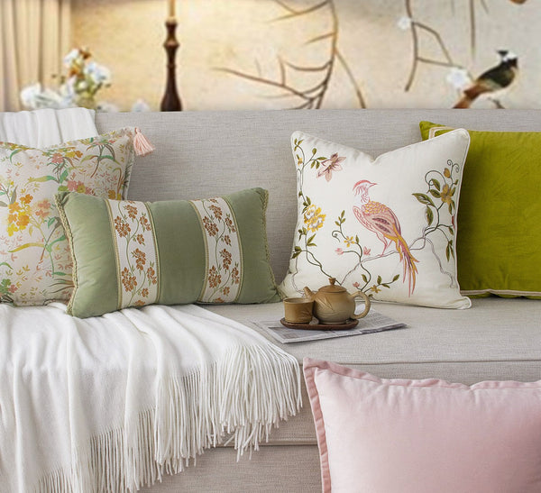 Living Room Decorative Pillows, Modern Decorative Cushions, Decorative Pillows for Bed, Decorative Pillow Arrangement Ideas for Interior Design, Embroidered Floral Bird Pattern Pillow Covers-artworkcanvas