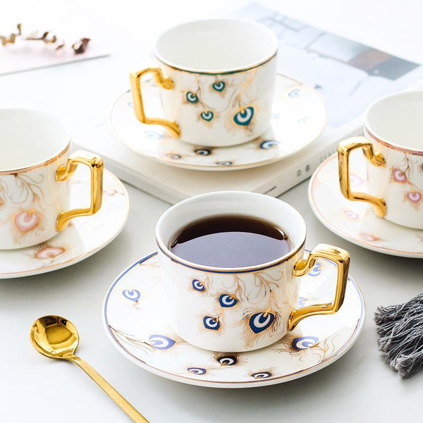 Peacock Tail Pattern Porcelain Coffee Cups, British Tea Cups, Coffee Cups with Gold Trim and Gift Box, Tea Cup and Saucer-artworkcanvas