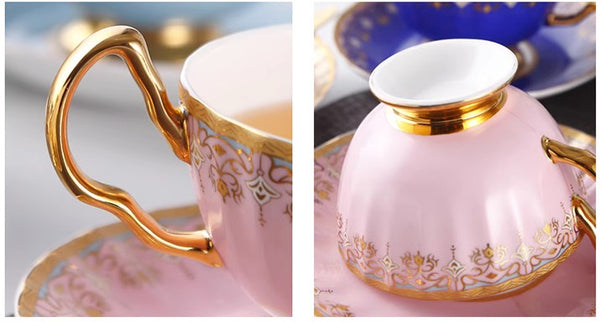 Pink Blue White Bone China Porcelain Tea Cup Set, Unique British Tea Cup and Saucer in Gift Box, Elegant British Ceramic Coffee Cups for Afternoon Tea-artworkcanvas