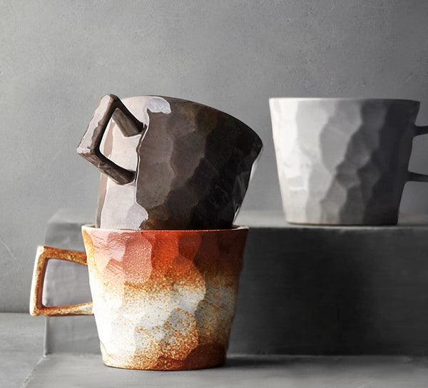 Modern Handmade Pottery Coffee Cup, Creative Brown White Black Blue Ceramic Coffee Mugs, Large Unique Tea Cup, Large Capacity Coffee Cups-artworkcanvas