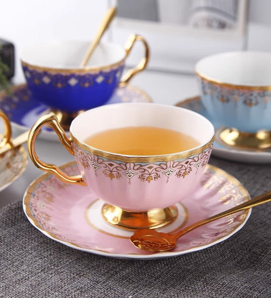 Unique British Tea Cup and Saucer in Gift Box, Pink Blue White Porcelain Tea Cup Saucer Set, Elegant British Ceramic Coffee Cups for Traditional Afternoon Tea-artworkcanvas