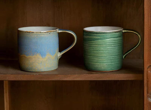 Blue Green Black Ceramic Coffee Mugs, Creative Handmade Coffee Mugs, Large Modern Handmade Pottery Coffee Cup, Large Capacity Coffee Mugs-artworkcanvas