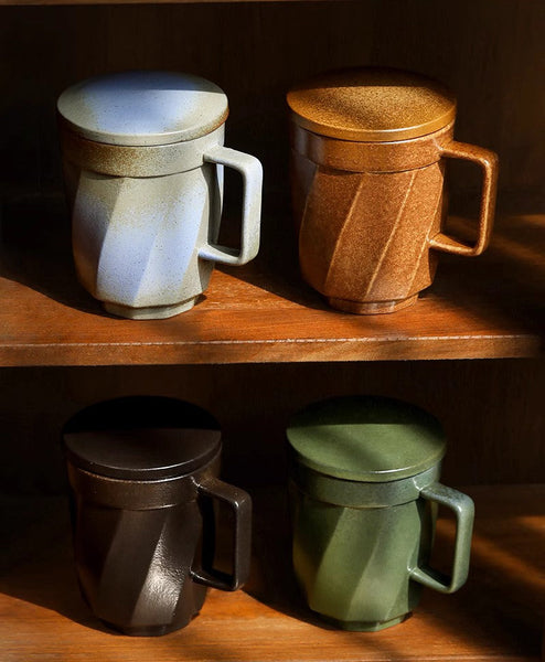 Creative Brown Green Blue Black Ceramic Coffee Mugs, Large Modern Handmade Pottery Coffee Cup, Large Unique Tea Cup, Large Capacity Coffee Mug with Cover-artworkcanvas