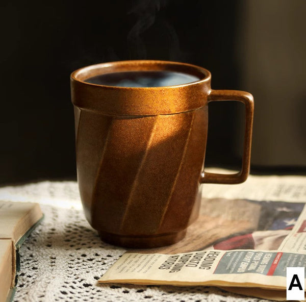 Large Modern Handmade Pottery Coffee Cup, Creative Brown Green Blue Black Ceramic Coffee Mugs, Large Unique Tea Cup, Large Capacity Coffee Mug with Cover-artworkcanvas