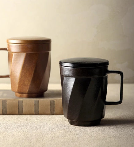 Unique Tea Cup, Large Capacity Coffee Mug with Cover, Large Modern Handmade Pottery Coffee Cup, Creative Brown Green Blue Black Ceramic Coffee Mugs-artworkcanvas