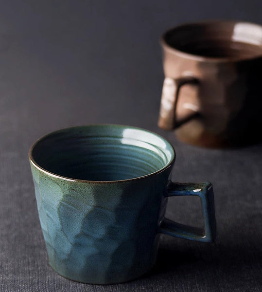 Modern Handmade Pottery Coffee Cup, Creative Brown White Black Blue Ceramic Coffee Mugs, Large Unique Tea Cup, Large Capacity Coffee Cups-artworkcanvas