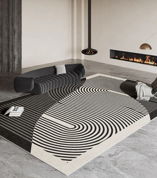 Geometric Contemporary Rugs Next to Bed, Black Stripe Contemporary Modern Rugs, Modern Rugs for Living Room, Modern Rugs for Dining Room-artworkcanvas