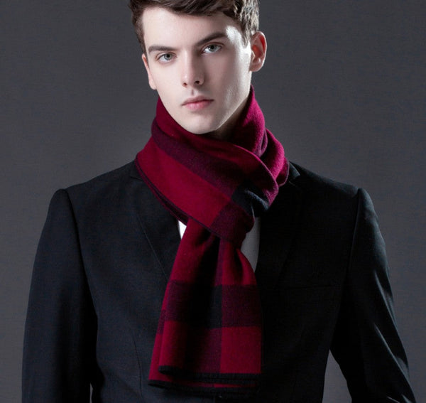 Cashmere Scarf for Gentleman, Long Thick Wool Scarf, Men's Winter Scarf, Red Gray Fashion Scarf, Christmas Gift for Men, Men's Wool Scarf Winter-artworkcanvas