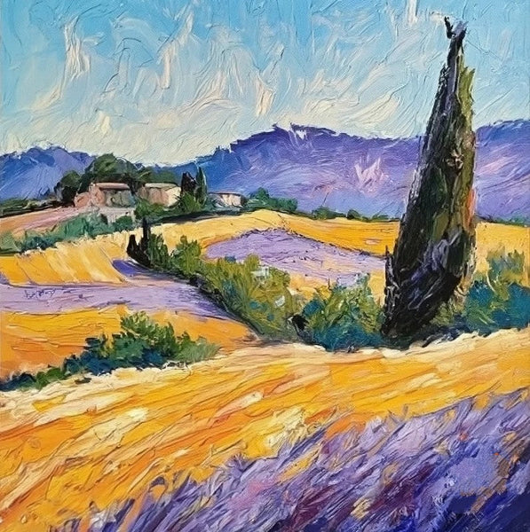 Original Small Landscape Paintings, Heavy Texture Acrylic Artwork, Easy Landscape Painting Ideas, Provence Lavender Field Cypress Tree Painting, Simple Small Canvas Paintings-artworkcanvas