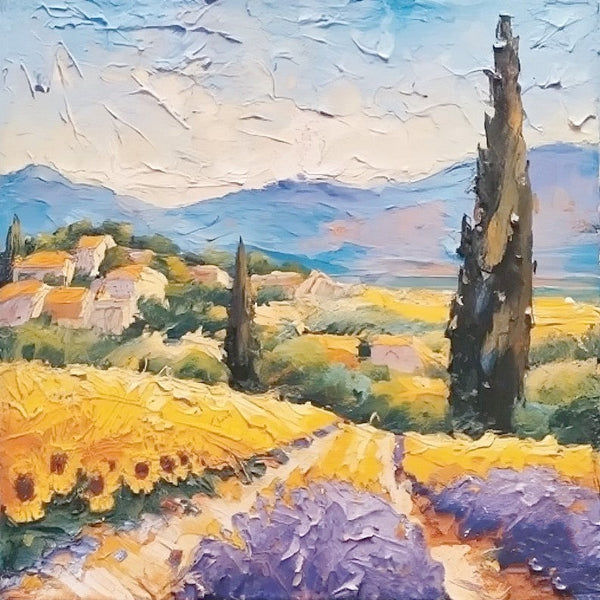 Heavy Texture Canvas Art, Easy Landscape Painting Ideas, Original Small Landscape Paintings, Simple Small Canvas Paintings, Provence Lavender and Sunflower Field Cypress Tree Painting-artworkcanvas