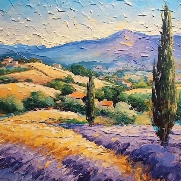 Original Small Landscape Paintings, Provence Lavender Field Cypress Tree Painting, Simple Small Canvas Paintings, Heavy Texture Acrylic Artwork, Easy Landscape Painting Ideas-artworkcanvas