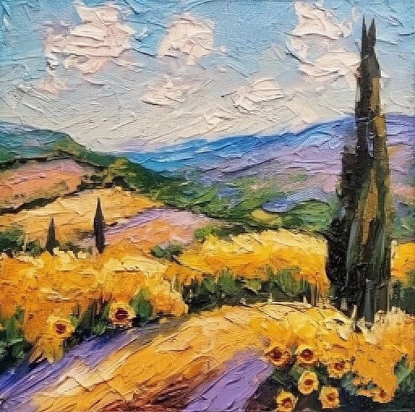 Heavy Texture Acrylic Artwork, Easy Landscape Painting Ideas, Original Small Landscape Paintings, Provence Sunflower Field Cypress Tree Painting, Simple Small Canvas Paintings-artworkcanvas