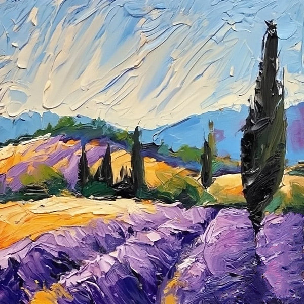 Original Small Landscape Paintings, Provence Lavender Field Cypress Tree Painting, Simple Small Canvas Paintings, Heavy Texture Acrylic Artwork, Easy Landscape Painting Ideas-artworkcanvas