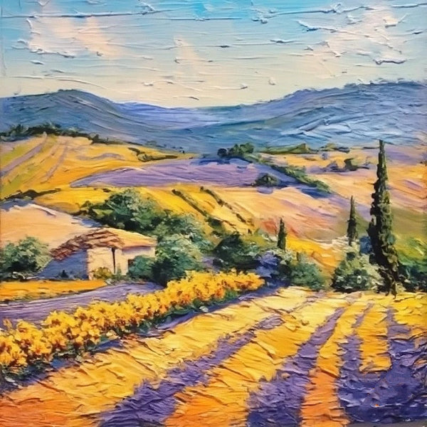 Provence Lavender Field Cypress Tree Painting, Simple Small Canvas Paintings, Original Small Landscape Paintings, Heavy Texture Acrylic Artwork, Easy Landscape Painting Ideas for Home Decor-artworkcanvas