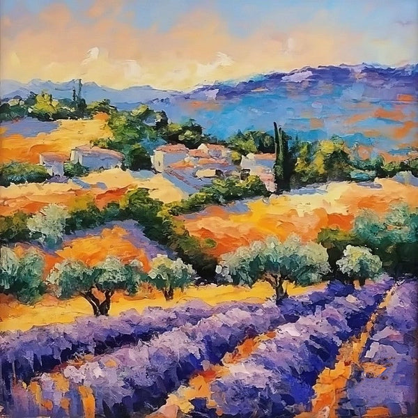 Small Hand Painted Art, Heavy Texture Hand Painted Art, Easy Landscape Painting Ideas, Provence Lavender Field Cypress Tree Painting, Simple Small Canvas Paintings-artworkcanvas