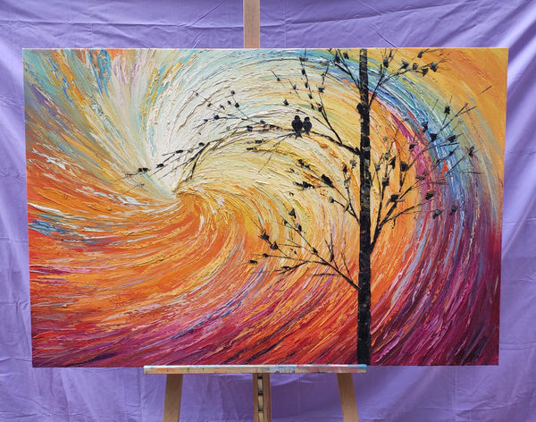 Abstract Art Painting for Living Room, Custom Original Wall Art Paintings, Love Birds Painting, Contemporary Modern Paintings