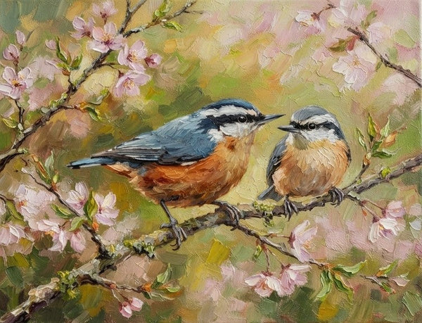 Hand Painted Canvas Art, Red-breasted Nuthatch Birds Painting, Original Oil Paintings, Love Bird Couple Painting, Small Canvas Paintings, Original Oil Paintings on Canvas