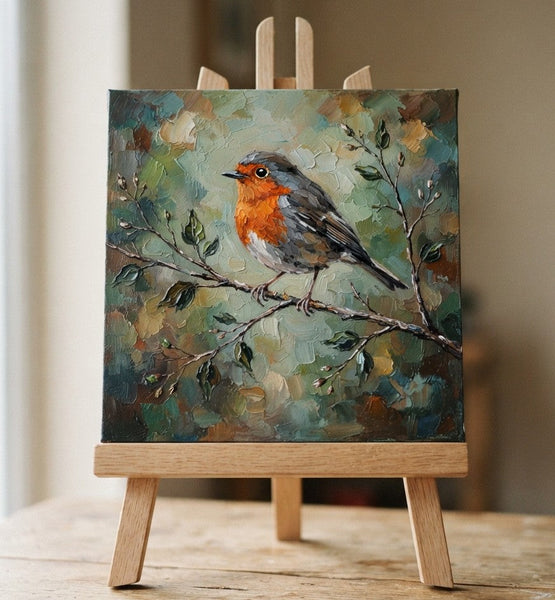 Small Art on Canvas, Hand Painted Canvas Art, Robin Bird Painting, Original Oil Paintings, Heavy Texture Painting, Miniature Wall Art