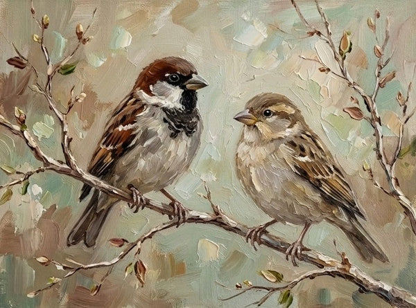 Sparrow Birds Painting, Hand Painted Canvas Art, Original Oil Paintings, Love Bird Couple Painting, Small Canvas Paintings, Original Oil Paintings on Canvas
