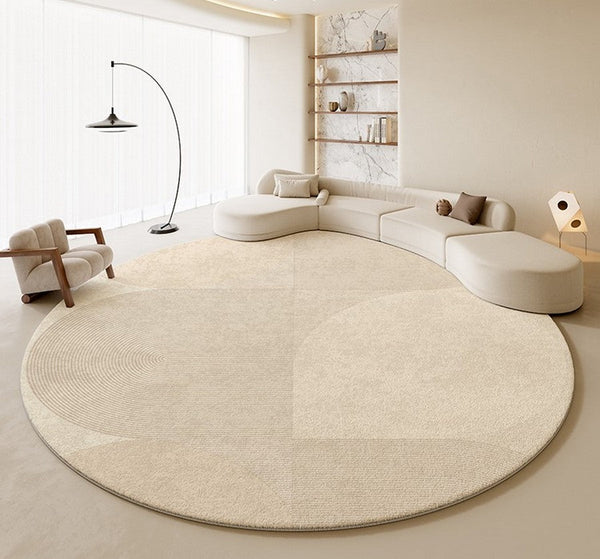 Unique Modern Rugs for Living Room, Geometric Round Rugs for Dining Room, Contemporary Cream Color Rugs for Bedroom, Circular Modern Rugs under Chairs-artworkcanvas