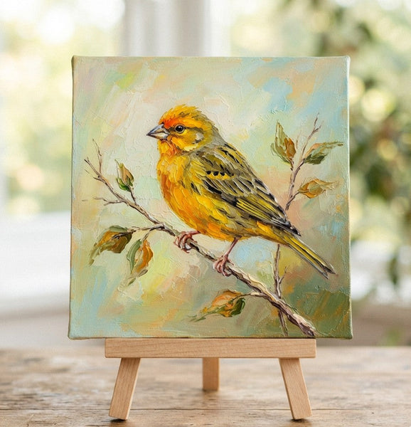 Saffron Finch Bird Painting, Hand Painted Canvas Art, Small Art on Canvas, Original Oil Paintings, Heavy Texture Painting, Miniature Wall Art