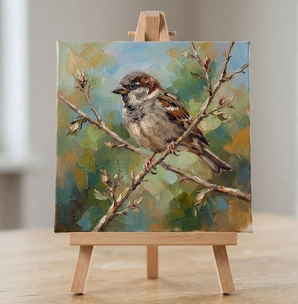 Hand Painted Canvas Art, Sparrow Bird Painting, Heavy Texture Painting, Bird Art on Canvas, Miniature Wall Art, Original Small Paintings