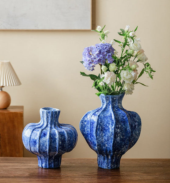 Modern Pottery Flower Vases, Handmade Water Holding Flower Vases, Centerpiece on Dining Table, Blue Ceramic Bud Vases, Tall Flower Vases on Table-artworkcanvas