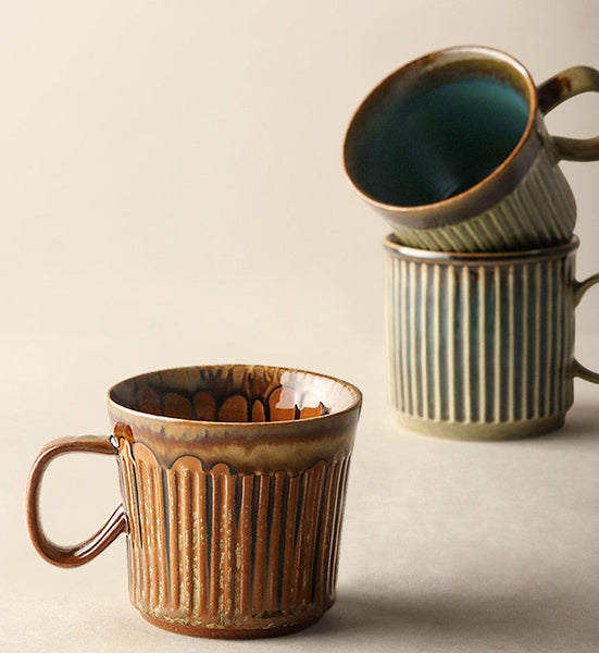 Creative Brown Green Ceramic Coffee Mugs, 10 oz Coffee Mugs, Large Modern Handmade Pottery Coffee Cup, Large Capacity Coffee Mugs-artworkcanvas