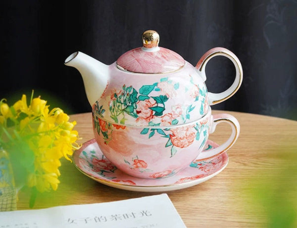Mother-and-Baby Teapot with Matching Saucer, Vintage Style Stackable Tea Pot Set, Ceramic Tea Pot with Integrated Cup, English Style Tea Pot and Cup Set-artworkcanvas
