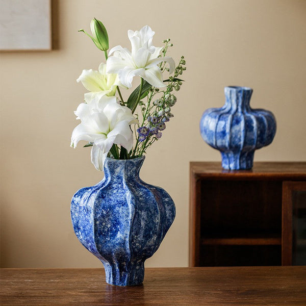 Modern Pottery Flower Vases, Handmade Water Holding Flower Vases, Centerpiece on Dining Table, Blue Ceramic Bud Vases, Tall Flower Vases on Table-artworkcanvas
