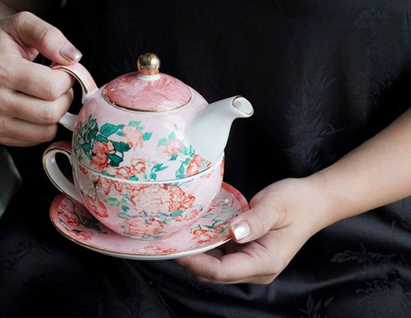 Ceramic Tea Pot with Integrated Cup, Mother-and-Baby Teapot with Matching Saucer, Vintage Style Stackable Tea Pot Set, English Style Tea Pot and Cup Set-artworkcanvas