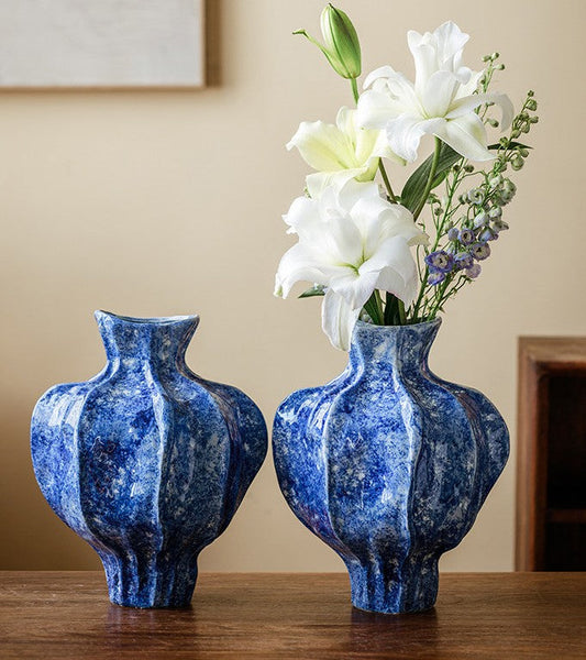 Modern Pottery Flower Vases, Handmade Water Holding Flower Vases, Centerpiece on Dining Table, Blue Ceramic Bud Vases, Tall Flower Vases on Table-artworkcanvas