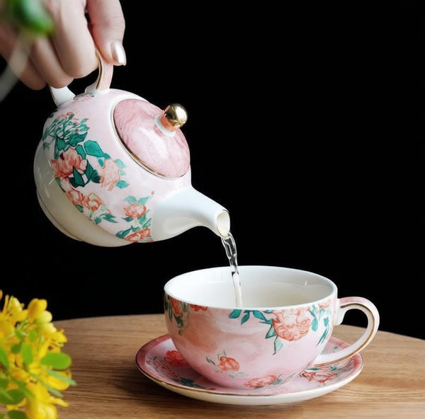 Ceramic Tea Pot with Integrated Cup, Mother-and-Baby Teapot with Matching Saucer, Vintage Style Stackable Tea Pot Set, English Style Tea Pot and Cup Set-artworkcanvas